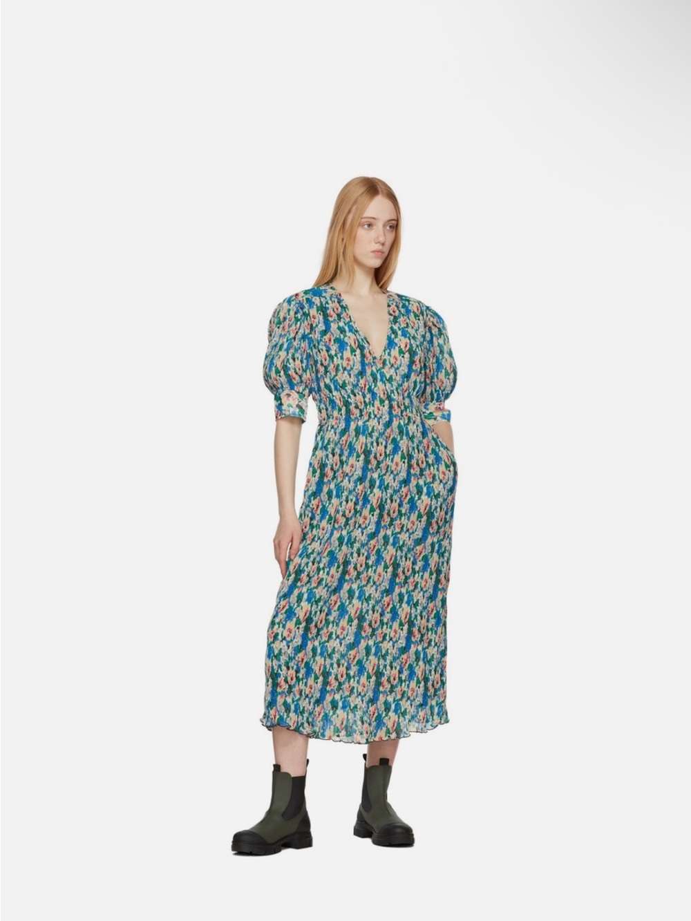 Ganni Teal Floral Midi Dress